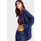 it's basic Kadın Denim Ceket, Koyu Mavi, Oversize Yaka Detaylı, Bol Kesim, M Beden