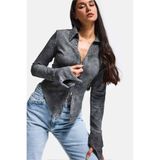 it's basic Kadın Gri Fermuar ve Drop Detaylı Özel Tasarım Crop Top Bluz, S Beden
