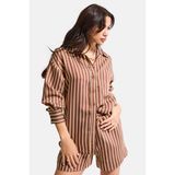 It's Basic Kadın Kahve Çizgili S6-108 Oversize Rahat Kesim Gömlek