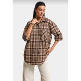 It's Basic Kadın Kahve Ekose S6-10 Oversize Bol Kesim Pamuk Gömlek - 40 - Kahverengi