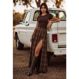 It's Basic Kadın Kahve Ekose W6-35 Maxi Boy Kemer Detaylı Özel Tasarım Etek - 36