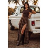 it's basic Kadın Kahve Ekose w6-35 Maxi Boy Kemer Detaylı Özel Tasarım Etek