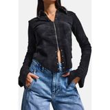 it's basic Kadın Siyah Fermuar ve Drop Detaylı Özel Tasarım Crop Top Bluz, S
