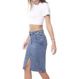 Its Basic Kadın Snow Kot Rengi Midi Boy Yüksek Bel Yırtmaçlı Jean Etek - 34 - Açık Mavi