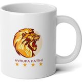 Ivart Avrupa Fatihi-Aslan Futbol Tasarım Baskılı Premium Porselen Kupa Bardak - Beyaz - 330 ml
