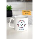 Ivart Kişiye Özel Kırmızı-Mavi Çiçekli Ç Harf Baskılı Porselen Latte Kupa Bardak-Doğum Günü-Hediye-Nescafe - 1 Adet - 300 ml