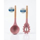 Ivory Ahşap Saplı Silikon Mini Kepçe ve Makarna Kepçesi Seti (24 Cm) - Gül Kurusu