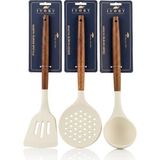 Ivory Akasya Ahşap Saplı Silikon Mutfak Servis Seti 3'lü - Kepçe Kevgir Spatula Seti 30 cm - Kahverengi - Krem