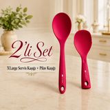 Ivory Silikon Xl Large Servis Kaşığı ve Pilav Kaşığı 2'li Set Yapışmaz Tencere Uyumlu Isıya Dayanıklı Mutfak Servis Seti Ivory Sariva Home - Pembe