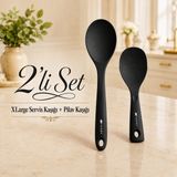 Ivory Silikon Xl Large Servis Kaşığı ve Pilav Kaşığı 2'li Set Yapışmaz Tencere Uyumlu Isıya Dayanıklı Mutfak Servis Seti Ivory Sariva Home - Siyah