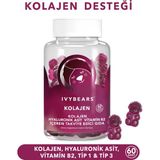 Ivybears Çiğnenebilir Kolajen Vitamin - Tip 1 - Tip 3 - Hyaluronik Asit - Vitamin B2 30 Günlük - 60 Tablet - Ahududu
