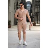 Ixir Ince Çizgili Erkek Gömlek ve Şort Takım Kahverengi - 2XL