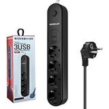Ixqr 2 Usb + 1 Type-c Girişli Uzatma Kablosu | 4 Priz | 2 Metre | Termal Korumalı Siyah