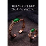 İyyakee Kadın Bakır Bileklik Ve Yüzük Takım Seti Yeşil Akik Taşlı Set El İşçiliği Özel Tasarım