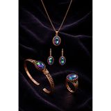 İyyakee Kadın Bakır Bileklik Yüzük Küpe Kolye Takım Seti Doğal Mistik Topaz Oval Model Bakır Set