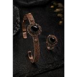 İyyakee Kadın Bakır Bileklik Yüzük Set Doğal Siyah Oniks Taşlı Otantik Model Set