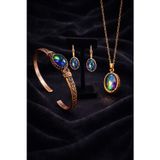 İyyakee Kadın Bakır Küpe Bileklik Kolye Takım Seti Doğal Mistik Topaz Taşlı Oval Model Set