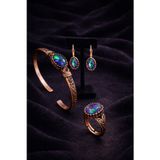 İyyakee Kadın Bakır Küpe Bileklik Yüzük Takım Seti Doğal Mistik Topaz Taşlı Oval Model Set