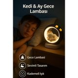 İyyaKee Kedi & Ay Model Dokunmatik Gece Lambası – Şarjlı, Yumuşak Işık, Çocuk Odası Dekoru