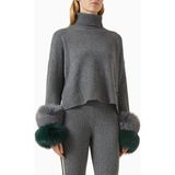 Izaak Azanei Cropped Polo Sweater, Şık ve Lüks Kadın Yün-Kaşmir Kazak, Kürk Detaylı - Gri