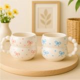İzart 2 ' Li Katmerli Pembe - Mavi Fiyonk Desenli Özel Kabartmalı El Işlemeli Seramik Kupa - 250 ml