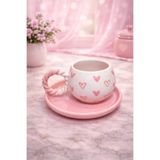İZart Baloncuk Örgü Kulp PEMBE TABAK - PEMBE KALP DESENLİ Özel Kabartmalı 2 PARÇA 1 KİŞİLİK FİNCAN TAKIMI