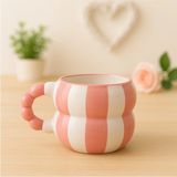 İzart Katmerli Boncuk Kulp Pembe Şerit Desenli El Işlemeli Seramik Kupa - 250 ml
