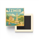 İzmir - Memleket Temalı - Paper Cut Art - Baskılı Buzdolap Magneti Kare - 9x9 cm
