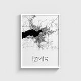 İzmir Şehir Haritası Tablo Çerçeveli Poster Duvar Dekorasyonu - 21 x 30 - Beyaz Çerçeveli