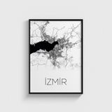 İzmir Şehir Haritası Tablo Çerçeveli Poster Duvar Dekorasyonu - 50 x 70 - Siyah Çerçeveli