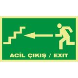 İzmir Serigrafi Fotolümen Acil Çıkış / Exıt (Sol Merdiven) 2.6 mm PVC Uyarı Levhası 15 x 30 cm