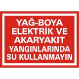 İzmir Serigrafi Yağ Boya Elektrik ve Akaryakıt Yangınlarında Su Kullanmayın Galvaniz Uyarı Levhası 17,5 x 25 cm