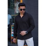 Jack Caprio Erkek Slim Düğmeli %100 Pamuk Yazlık Flamalı Keten Gömlek Yüksek - Siyah - XL