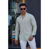 Jack Caprio Erkek Slim Düğmeli %100 Pamuk Yazlık Flamalı Keten Gömlek Yüksek - Yeşil