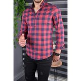 Jack Carısma Ekose Dama Pamuklu Esnek Poplin Erkek Gömlek - Bordo-Lacivert