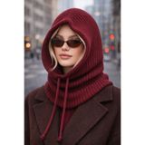 Jack Ferrero Kadın Bordo Triko Örgü Balaclava Bere Kapüşonlu Boyunluk Şapka