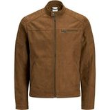 Jack & Jones Erkek Suni Deri Ceket Rocky Spor Stil Normal Yaka Cepli Dokuma Kumaş - Kahverengi