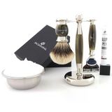 Jag Shaving Tıraş Seti - 3 Parçalı Tıraş Seti - Jag's Lee Serisi - Silvertip Porsuk Saç Tıraş Fırçası - 5 Jiletli Jiletli Jilet - Tıraş Standı - Yeşil Boynuz Taklit Renk