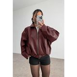Jaglion Luvren Pb Oversize Bomber Kemerli Deri Ceket Uzun Kol Bordo Renkli Günlük Stil - 2XL