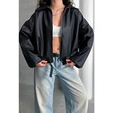Jaglion Pb Oversize Bomber Kemerli Deri Ceket Siyah Uzun Kol Günlük Stil L Beden Suni Deri