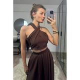Jaglion Yeni Sezon Kadın Kahverengi Boyundan Bağlamalı Crop Bluz
