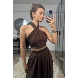 Jaglion Yeni Sezon Kadın Kahverengi Boyundan Bağlamalı Crop Bluz