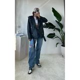 Jaglion Yeni Sezon Oversize Kadın Siyah Biker Deri Ceket