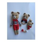 Jaju Baby Amigurumi Kırmızı Ayıcık 29 cm Çıngırak ve Emzik Zinciri Üçlü Set