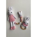 Jaju Baby Amigurumi Pembe Tavşan 29 cm Çıngırak ve Emzik Zinciri Üçlü Set
