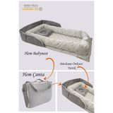 Jaju Baby Babynest Gri Waffle Micky Desenli Çantalı Babynest Bebek Çantası Taşınabilir Anne Yanı Yatağı