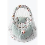 Jaju Baby Babynest Yeşil Örgü Ve Orman Kumaş Ponponlu Cibinlik Tüllü Oyuncak Askılı 4 Parça Babynest Set