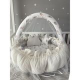 Jaju Baby Beyaz Örgü Kumaş Açılır - Kapanır Oyun Minderi Cibinlik Aparatlı Babynest - 120 x 120 cm