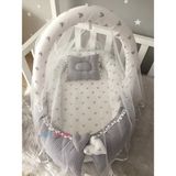 Jaju Baby Gri Wafle Pike Kumaş Micky Tasarım Ponponlu Oyuncak Aparat ve Tül Babynest Set - 100x60