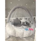 Jaju Baby Gri Yıldız Desenli Tasarım Lüx Oyun Minderi Babynest Cibinlik Tül Oyuncak Aparat Set - 120 x 120 cm - Beyaz